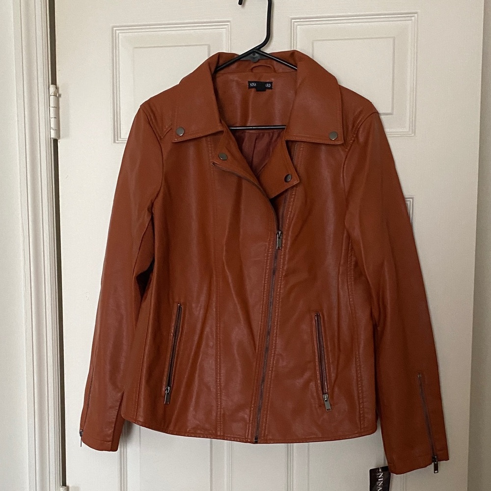 Nina Leonard Brown (“Sienna”) Faux Leather Moto Jacket
